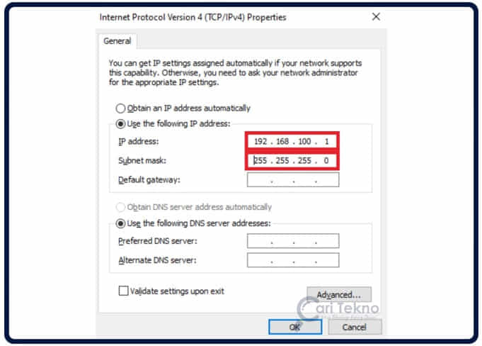 IP Address 192.168.100.1 dan subnet mask 255.255.0