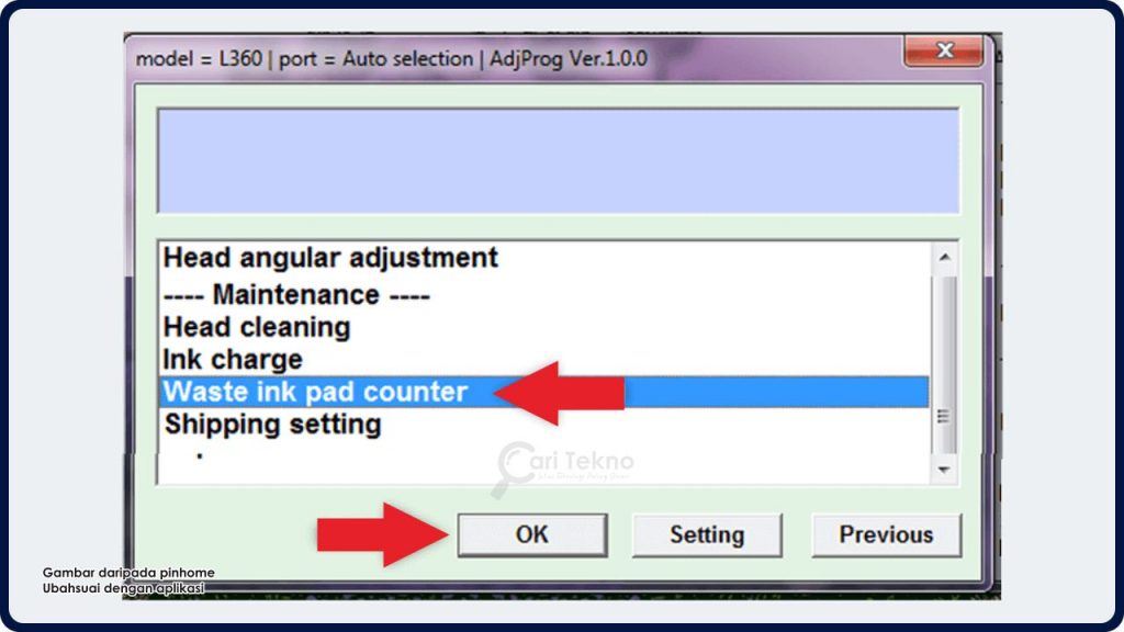 pilih waste ink pad counter dalam bahagian maintenance