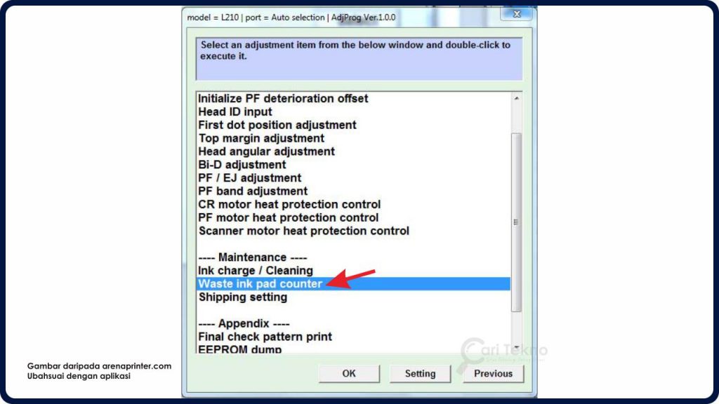 pilih waste ink pad counter pada bahagian maintenance