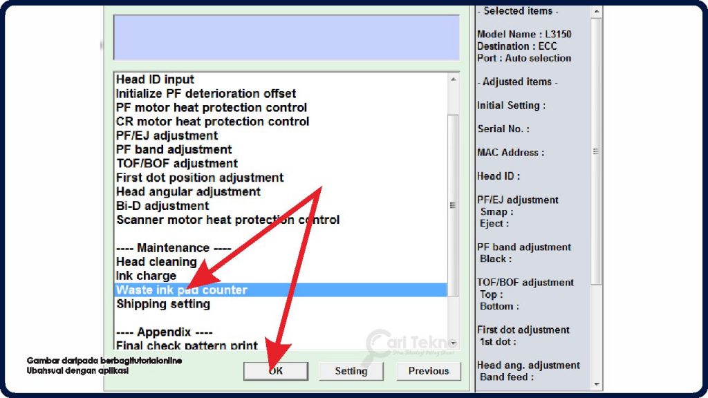 pilih waste ink pad counter pada bahagian maintenance