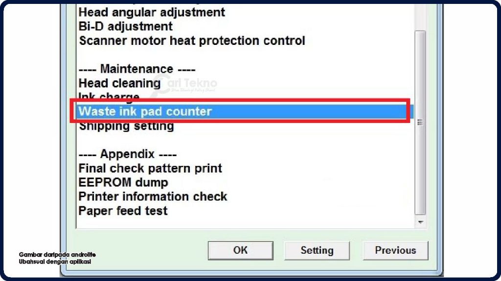 scroll ke bawah, kemudian pilih waste ink pad counter