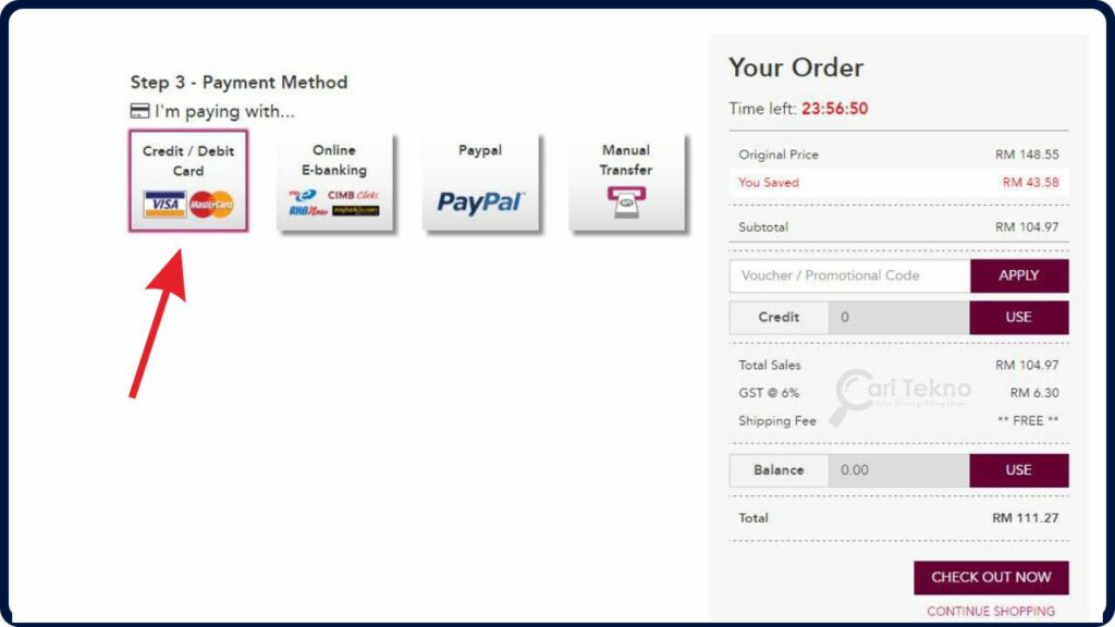 pilih kaedah pembayaran menggunakan credit/debit card